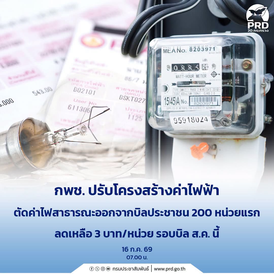 กพช. ปรับโครงสร้างค่าไฟฟ้า ตัดค่าไฟสาธารณะออกจากบิลประชาชน 200 หน่วยแรก ลดเหลือ 3 บาท/หน่วย รอบบิล ส.ค. นี้